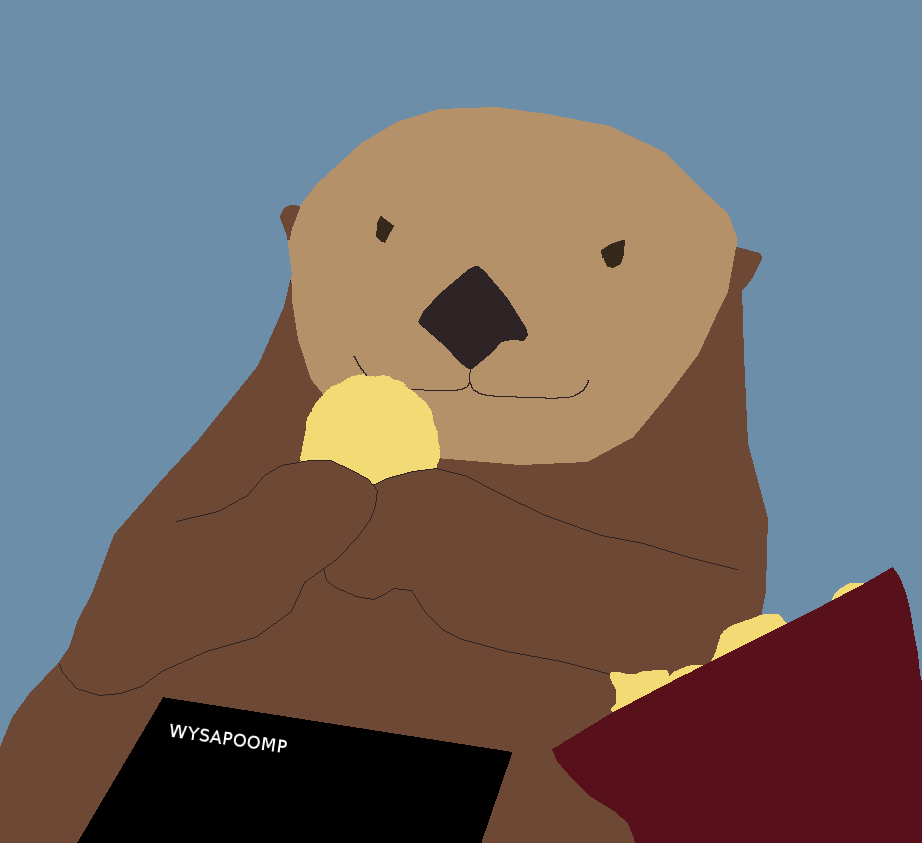 An image of an otter with a notebook, eating a potato chip.