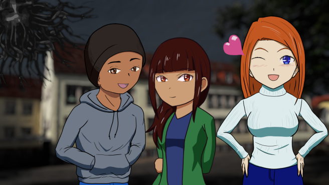 Three young adults stand in front of a school as an ominous creature lurks in the upper left corner.