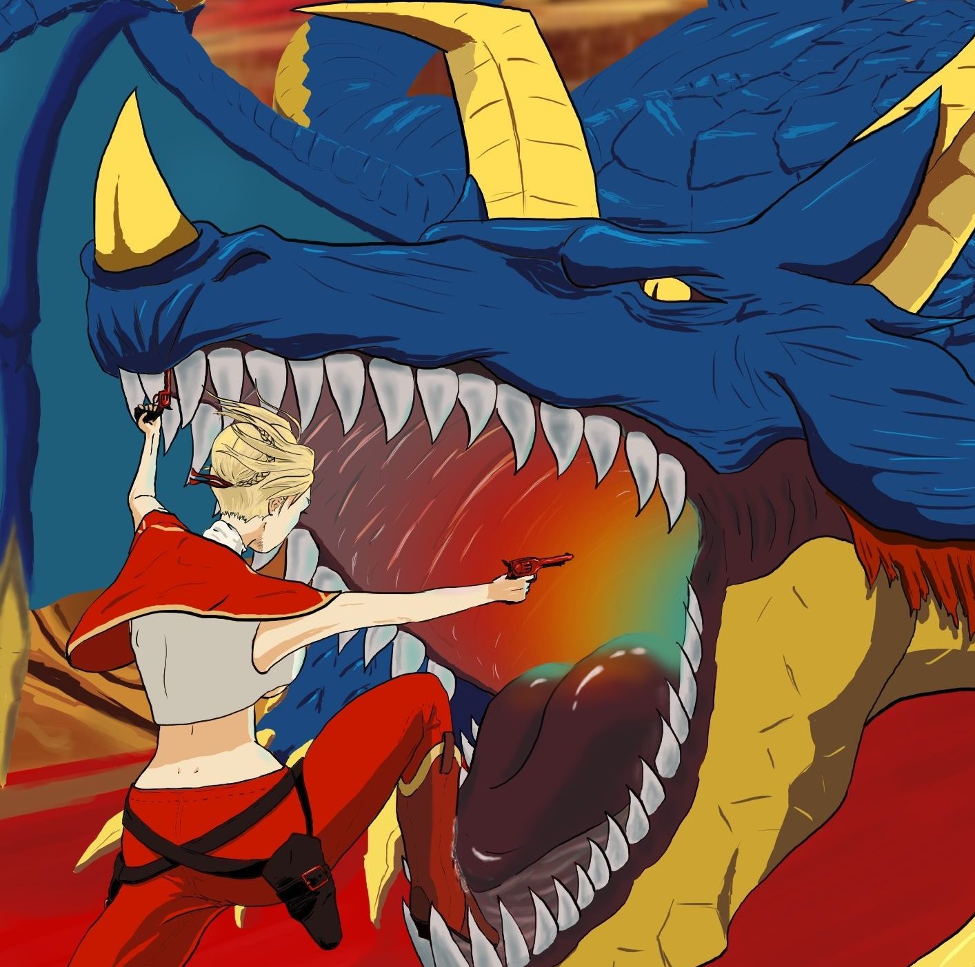 Nero shooting into the mouth of a dragon.